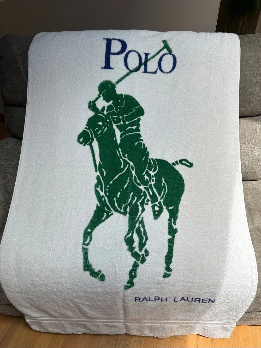 Ralph Lauren White Bath Towel with Green Polo Player and Navy Logo